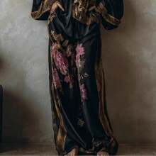Conjunto de dos piezas para mujer primavera‑verano, estilo retro con estampado, blusa holgada de cuello en V profundo sexy con cordón y pantalones de pierna ancha - Negro - Ver 3