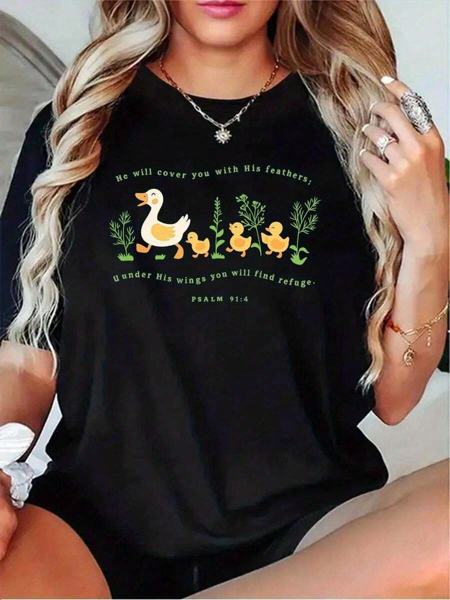1 pieza de playera para hombre y mujer, 100% algodón puro, cuello redondo casual con estampado, manga corta transpirable para uso diario. Mujer con dise?o de oveja y estampado del capítulo 91 del Salmo bajo sus alas. - Negro - Ver 1