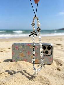 Cordão de telefone elegante em prata com coração & laço e pérola, cordão pendente de luxo barroco com pérolas irregulares, coração delicado em prata, laço & decoração de rosa, detalhes em contas de cristal, vibração suave & romântica. Compatível com todas as capas de telefone, acessório para férias na praia, uso diário versátil, design de nicho de alta gama, adequado para presente ou uso pessoal, durável & resistente, pingente decorativo essencial para rapariga doce & cool - Branco - Ver 3