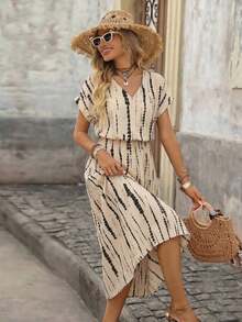 Vestido de mujer de manga corta holgado con cuello en V y medio abierto, de tela texturizada, adecuado para exteriores y vacaciones, primavera/verano - Caqui 2 - Ver 3