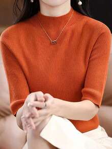 Blusa de punto de manga corta para mujer de moda y versátil para el día a día en el trabajo - Naranja - Ver 4