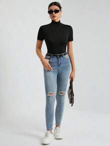 Tall Camiseta básica de unicolor negro de cuello alto con mangas cortas para mujer - Negro - Ver 4