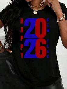 Camiseta de manga corta para mujer con estampado gráfico de Feliz Año Nuevo 2026, ropa casual para celebraciones de fiestas, ideal para invierno, primavera, verano, otoño y uso diario. Camiseta de algodón. - Negro - Ver 3