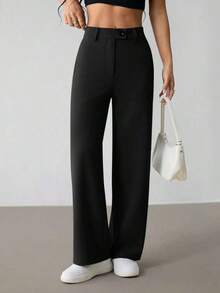 Pantalones rectos casuales de mujer de unicolor con cinturón - Negro - Ver 9