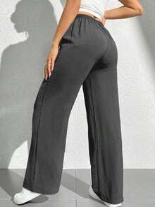 PETITE Pantalones anchos largos para mujeres, en unicolor, cintura alta con cinturón para un estilo suelto - Gris Oscuro - Ver 2