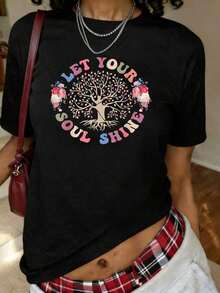 Camiseta Gráfica de Talla Grande "Deja que Tu Alma Brille" con Árbol de la Vida, Top Corto Floral de Manga Corta para Mujer - Negro - Ver 7