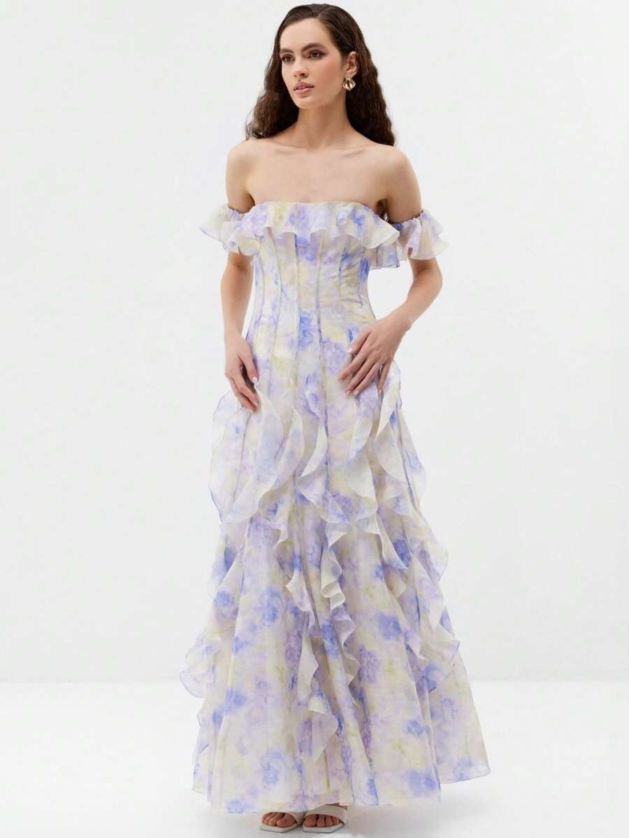 Vestido playa elegante tirantes gasa volantes estilo francés fluido para vacaciones marinas - Azul - Ver 1