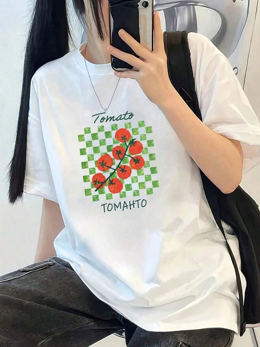 Camiseta de manga corta con estampado de tomates, estilo casual - de punto, elección perfecta para otoño e invierno. Moda Femenina Cómoda - Suave y Adecuada para Uso Casual Diario - Blanco - Ver 1