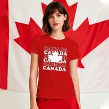 Women's Casual Cotton T-Shirt With Canadian Flag And Heart Print, Short Sleeve, Round Neck, Drop Shoulder, Cute Summer Garment With Slightly Stretchy Fabric - 紅色4 - 查看 4