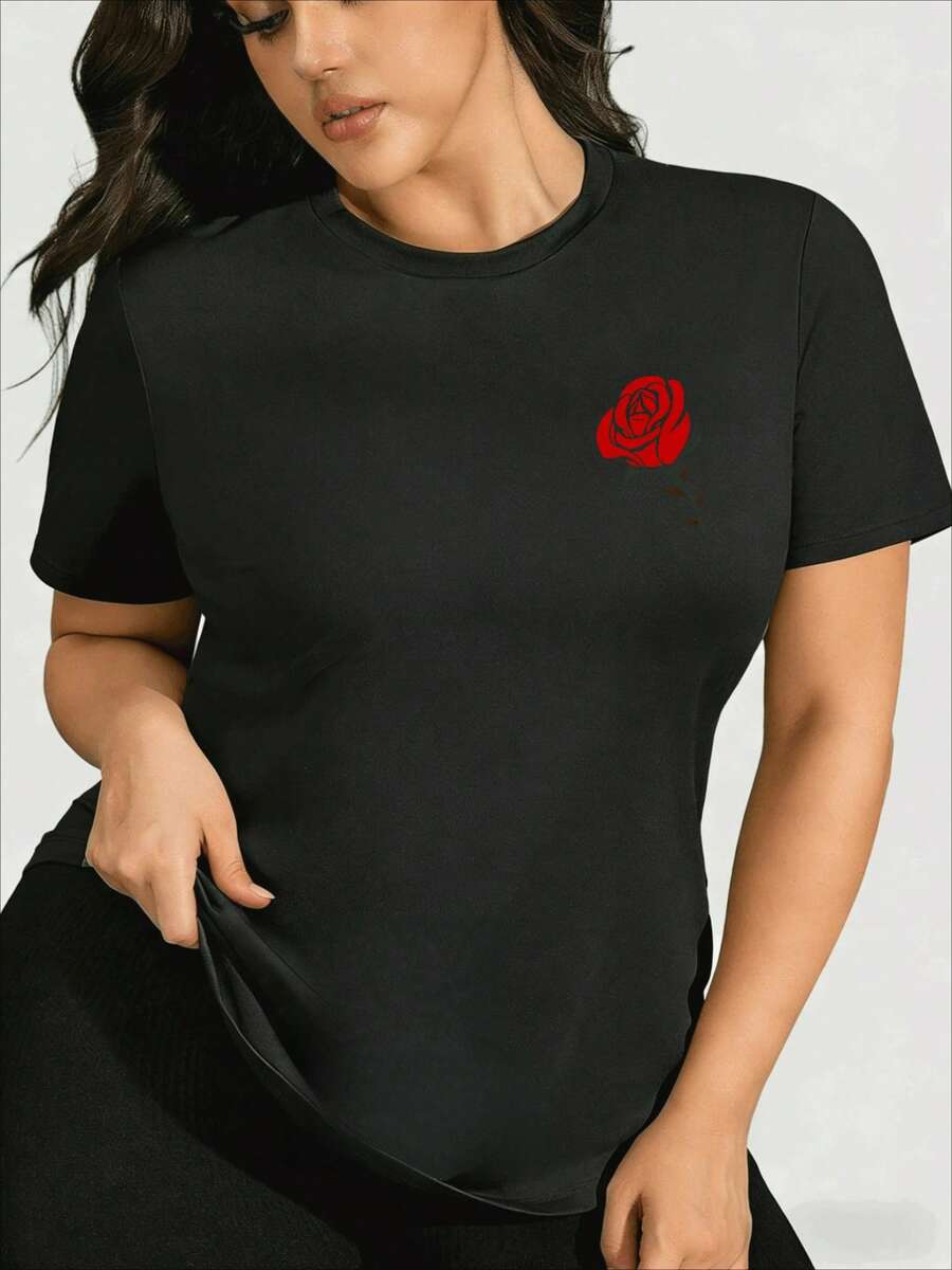 Camiseta de mujer de algodón manga corta casual estampado rosa roja nueva colección de verano en México - Negro - Ver 1