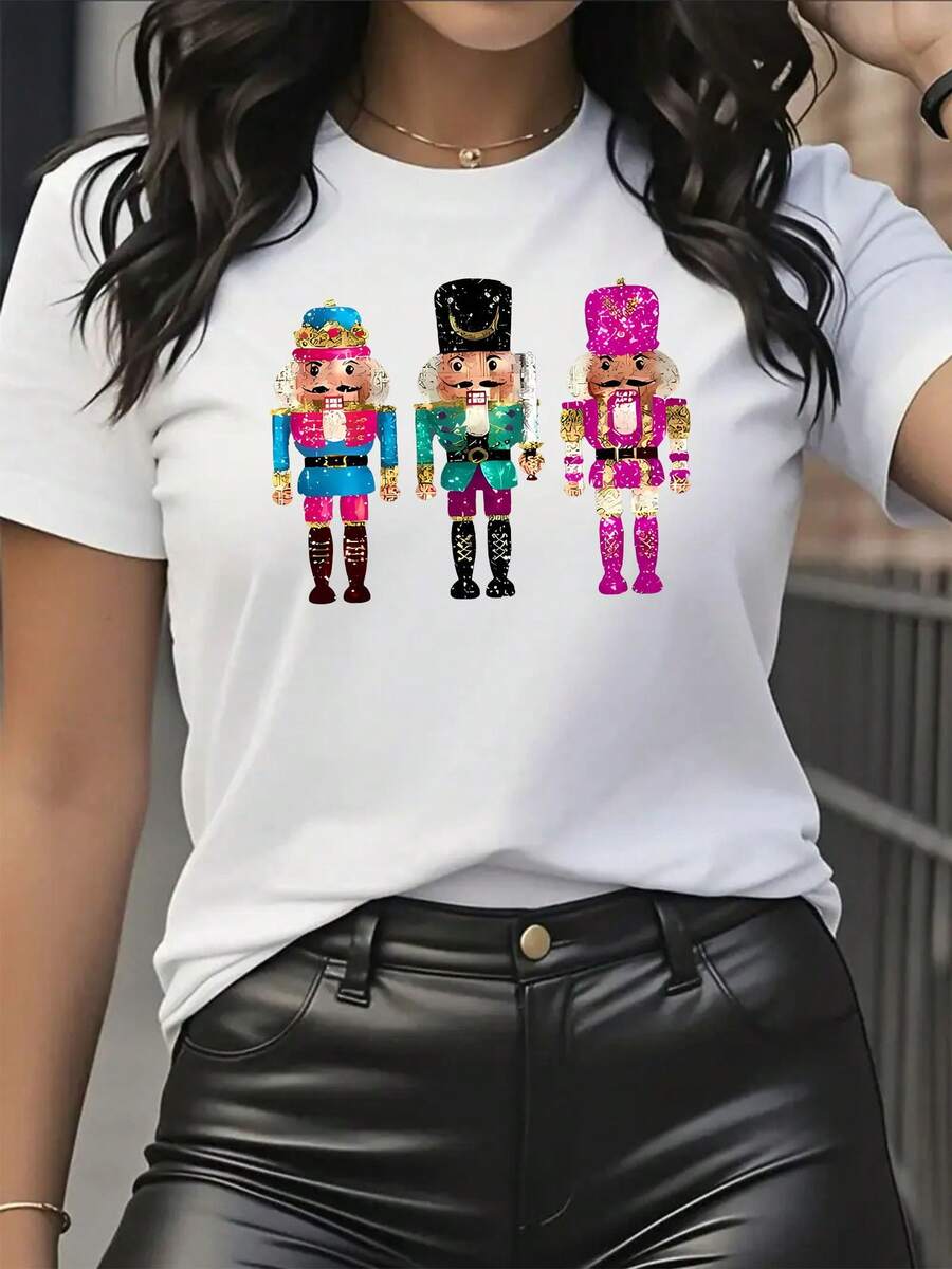 Camiseta de mujer, camiseta de manga corta con cuello redondo de estilo retro europeo y americano, ropa de mujer con temática navideña, camiseta de manga corta con estampado de muñeca de edición navideña - estilo deportivo casual, simple y deportivo, 95% fibra de poliéster 5% spandex 180g, diseño estampado, adecuada para primavera y verano, moderna y cómoda, colores brillantes versátiles, relajada e informal, fresca y casual. 100% algodón puro - Blanco - Ver 1