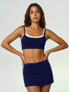 UONNOU Conjunto de Falda Corta de Tenis y Shorts para Entrenamiento, Top Deportivo Falso de Dos Piezas con Bloques de Color - azul real - Ver 7