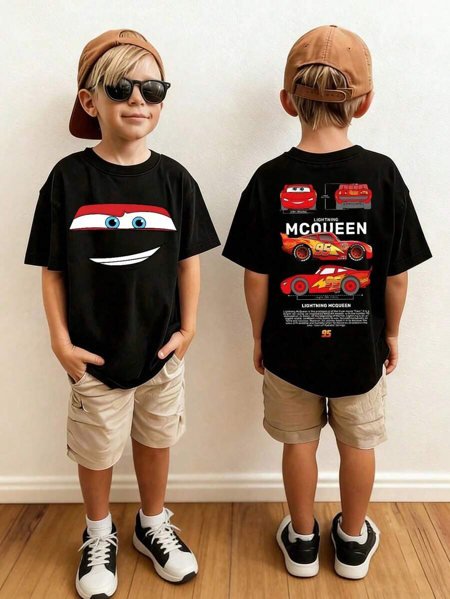 Disney Boys' Super Cool "Cars" Lightning McQueen Graphic T-Shirt - Featuring Fun Racing Prints, A Soft And Casual Crew Neck, And Short Sleeves; A Comfortable, Relaxed-Fit Top Perfect For Everyday Wear And Theme Park Visits. - 黑色 - 查看 1