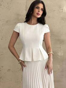 Conjunto elegante de 2 piezas con camisa de mangas cubiertas y dobladillo plisado y minifalda plisada de unicolor para mujer - Blanco - Ver 4