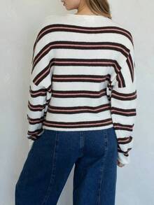 Women Knit Cardigan Long Sleeve Button Closure Fall Casual Jacket Loose Striped Sweater - Blanco - Ver 4