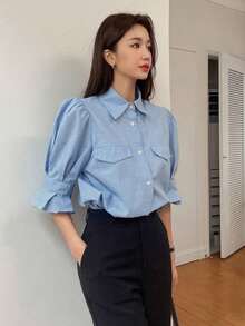 Camisa con detalle de solapa, manga abullonada y volantes - Azul - Ver 4