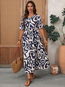 Vestido casual de fiesta con estampado de todo el Body y cuello redondo para mujer - Multicolor - Ver 6