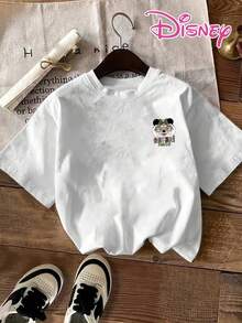 Disney Licensed, Best-Selling Women's Print: Minnie Mouse Head, Diamond Sparkle, Bow, Fashionable And Cute Printed Short-Sleeved Crew Neck T-Shirt. Crew Neck, Casual, Comfortable, Stylish, And Versatile, Suitable For Spring, Summer, And Autumn. Optimistic Design, Elastic Fabric. - trắng - Xem 2