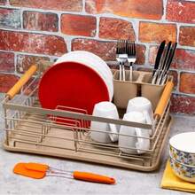 Japanese-Style Wooden Handle Single-Layer Dish Rack, Household Tableware Storage Rack With Chopstick Holder And Drip Tray: One Side Holds Plates Vertically For Quick Drainage And Ventilation; The Other Side Can Hold Bowls, Cups, And Other Tableware For Easy Access. Features A Detachable Double-Compartment Chopstick Holder On The Side For Organized Storage Of Knives, Forks, Chopsticks, And Other Small Utensils. - View 3