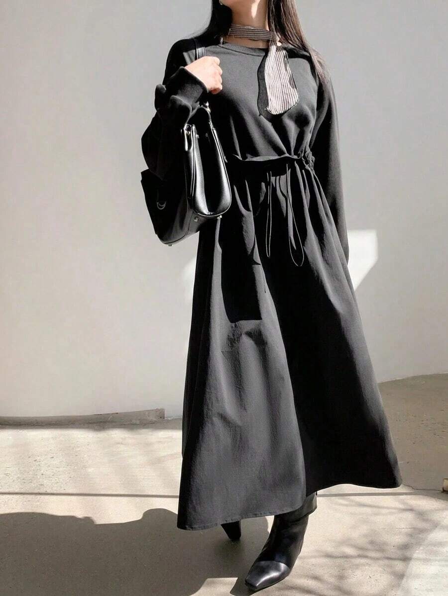 xheDAZY Vestido holgado y casual con cintura ceñida y manga larga para mujer, vestido largo de otoñoxhe - Negro - Ver 1