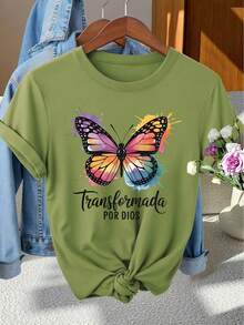 Camiseta de manga corta y cuello redondo para mujer del Día Nacional de España, estilo elegante con estampado de mariposas de color distintivo para primavera, verano y otoño, top casual vintage versátil y de moda para desplazamientos, vacaciones y uso diario, varios colores disponibles, tallas S-XXL - ejercito verde - Ver 6