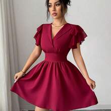 Nana's Women's Clothing Store  Nuevo vestido corto casual, versátil y elegante para mujer con diseño de manga con volantes de parche de unicolor reversible de gasa con cordón en la cintura - Burdeos - Ver 7