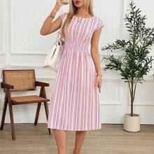 guang zhou mi qian shang mao  Vestido casual de mujer de longitud media con cintura ceñida y rayas, para verano - Rosa Pálido - Ver 4