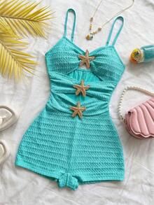Mono de mujer con decoración de estrella de mar hueca, adecuado para fiesta y uso en casa - Agua verde azul - Ver 5