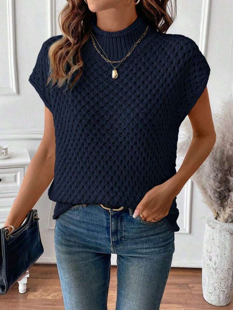 Suéter de punto de cuello redondo sin mangas de textura romántica roja elegante para el Día de San Valentín - Azul marino - Ver 1