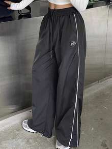 Pantalones casuales de mujer con estampado, cintura con cordón y bolsillos - Gris - Ver 3