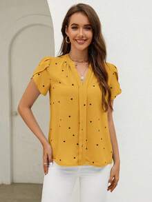 Blusa de mujer de escote en V con estampado de corazón y mangas con volantes para el verano y la playa - Amarillo - Ver 6