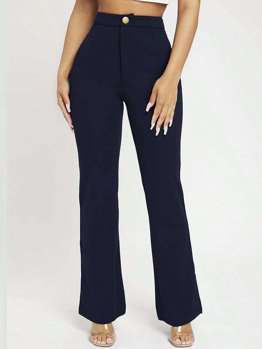PETITE Pantalones negros de mujer de cintura alta y pierna acampanada - Azul marino - Ver 1