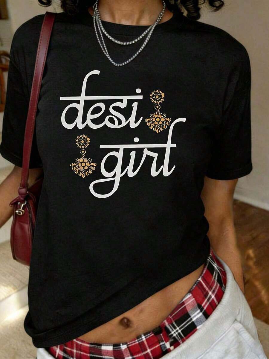 Camiseta con Estampado DESI GIR, Manga Corta, Cuello Redondo, Estilo Casual para Verano y Primavera, Ropa de Mujer - Negro - Ver 1