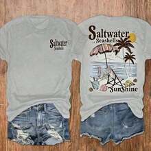Conjuntos de Vacaciones para Mujer, Camiseta con Estampado de Conchas Marinas y Palmeras para la Playa, Camiseta Casual de Manga Corta para Mujer, Ropa de Mujer, Holgada y Cómoda, Ropa de Verano para Vacaciones de Mujer - Gris - Ver 10