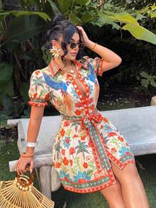 bfdbSHEIN  Vestido corto de tipo A de manga corta con un solo pecho y lazo delantero de estilo bohemio, vestidos cortos de verano para mujeres, atuendos de vacaciones en la isla, vestidos de verano, atuendos de vacaciones para mujeres, ropa de mujer bohemia, atuendos de crucero para mujeres, atuendos de Hawái para mujeres, vestido tropical, vestido camisero, atuendos de Ibizasfb x 7NOO - Multicolor 3 - Ver 5