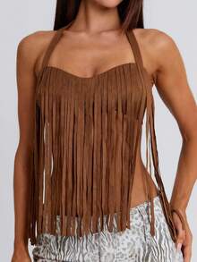 Womens Western Cowgirl Fringe Top Country Concert Outfits Festival Tassel Hem Open Back Boho Rodeo Camisole Summer Rave Tank Shirt - Light Brown - View 4