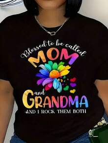 1 camiseta negra con estampado floral de corazones para el Día de la Madre, cuello redondo, camiseta casual de algodón, tejido de punto de elasticidad media, corte regular para mujeres, ideal para primavera/verano/otoño, Día de la Madre, Pascua, Día de los Caídos, 4 de julio. - Negro - Ver 8