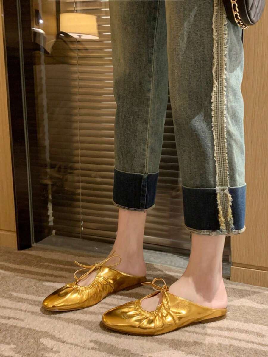 1双女士芭蕾平底鞋，镂空透气褶皱设计，方头，适合日常穿着、室内/户外活动、休闲鞋 - 金色 - 查看 1