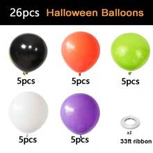 26pcs/Set Balloon With Ribbons, 10 Inch Black, Orange, White, Purple, Green Balloons For Party Decoration - Set - View 2