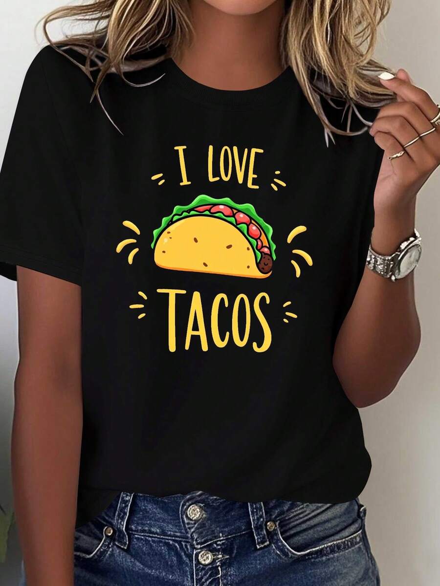 Camiseta de mujer "I Love Tacos" - Diseño mexicano, estampado de tacos y sombrero de paja, suave algodón puro, manga corta, estilo casual, diseño de letras azules y amarillas, ideal para fiestas del martes del taco, uso casual (lavable a máquina) - Divertido regalo para amantes de los tacos, blusa casual para mujer. - Negro - Ver 1