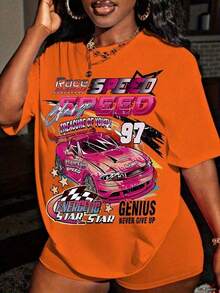 Camiseta de mujer con estampado de carreras - Diseño retro Y2K de carreras con texto de velocidad - Parte superior suelta y no transparente, adecuada para motociclismo y uso diario en la calle - Ropa de mujer para primavera y verano, camiseta de manga corta, camisa de estampado brillante, suelta y cómoda - Multicolor - Ver 8