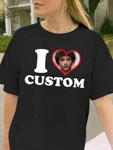 Personalized Photo T-Shirt, Gift For Girlfriend/Wife, Valentine's Day Gift, Customize Face, Personalize Women's T-Shirt - Add Your Own Text And Images (Family Photos/Selfies/Pet Photos/Friend Photos) To Design Your Custom Printed T-Shirt, I Love Custom T-Shirts, Add Your Favorite Photos And Text (Girlfriend Photos/Couple Photos/Family Photos/Selfies/Pet Photos/Friend Photos), Personalized Black Summer Casual Blouses For Women, Mother's Day Gift - 黑色 - 查看 2