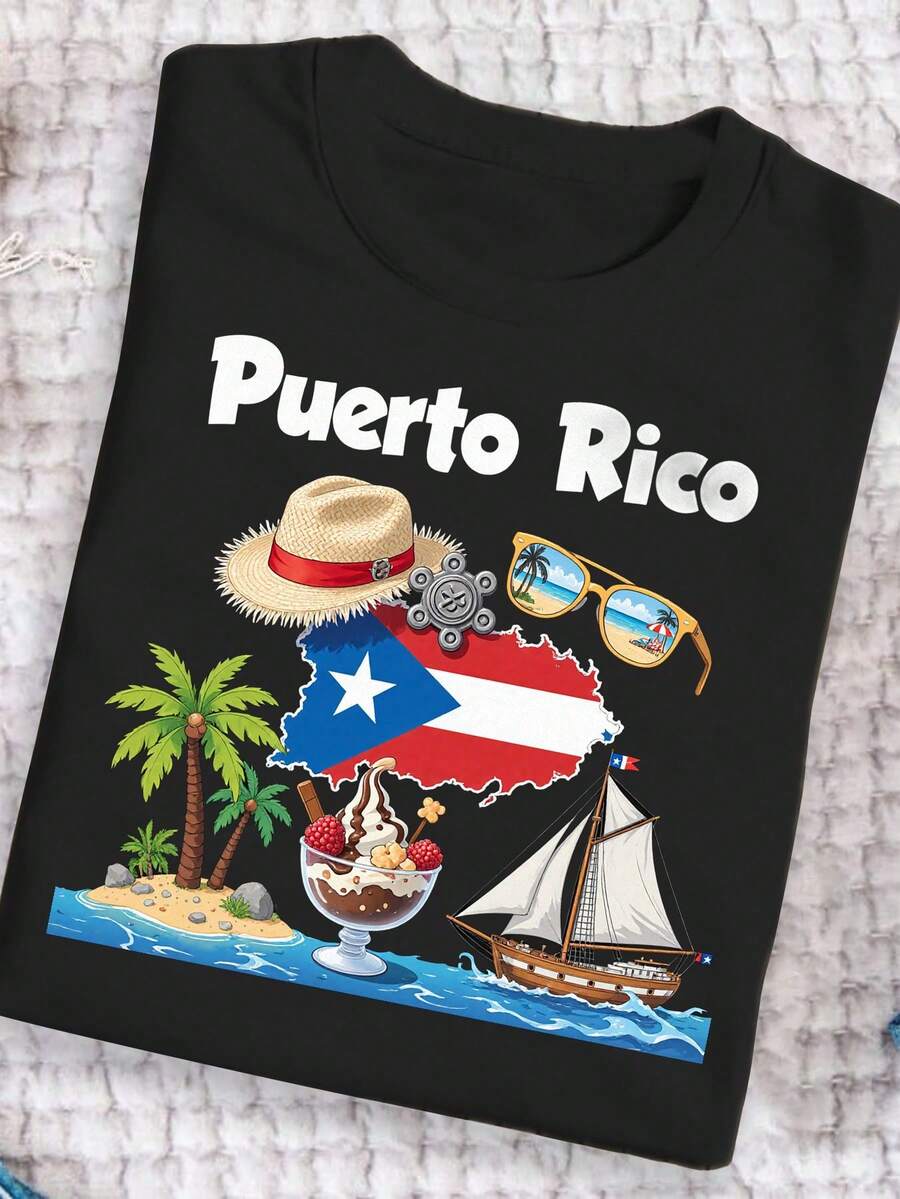 Camiseta de algodón con diseño de la cultura playera de Puerto Rico, diseño colorido que muestra sombreros de paja, barcos, palmeras, helados de playa y veleros con la bandera puertorriqueña, camiseta casual de verano para mujer con cuello redondo, transpirable y suave, adecuada para entusiastas de la cultura puertorriqueña, top con estampado de temática playera e isleña. Estilo coreano, manga corta holgada. - Negro - Ver 1