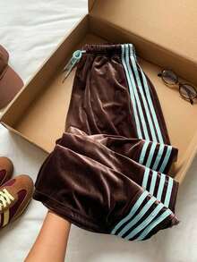 Pantalones de chándal casuales y holgados con cintura elástica y rayas laterales marrones para mujer - Marrón 3 - Ver 4
