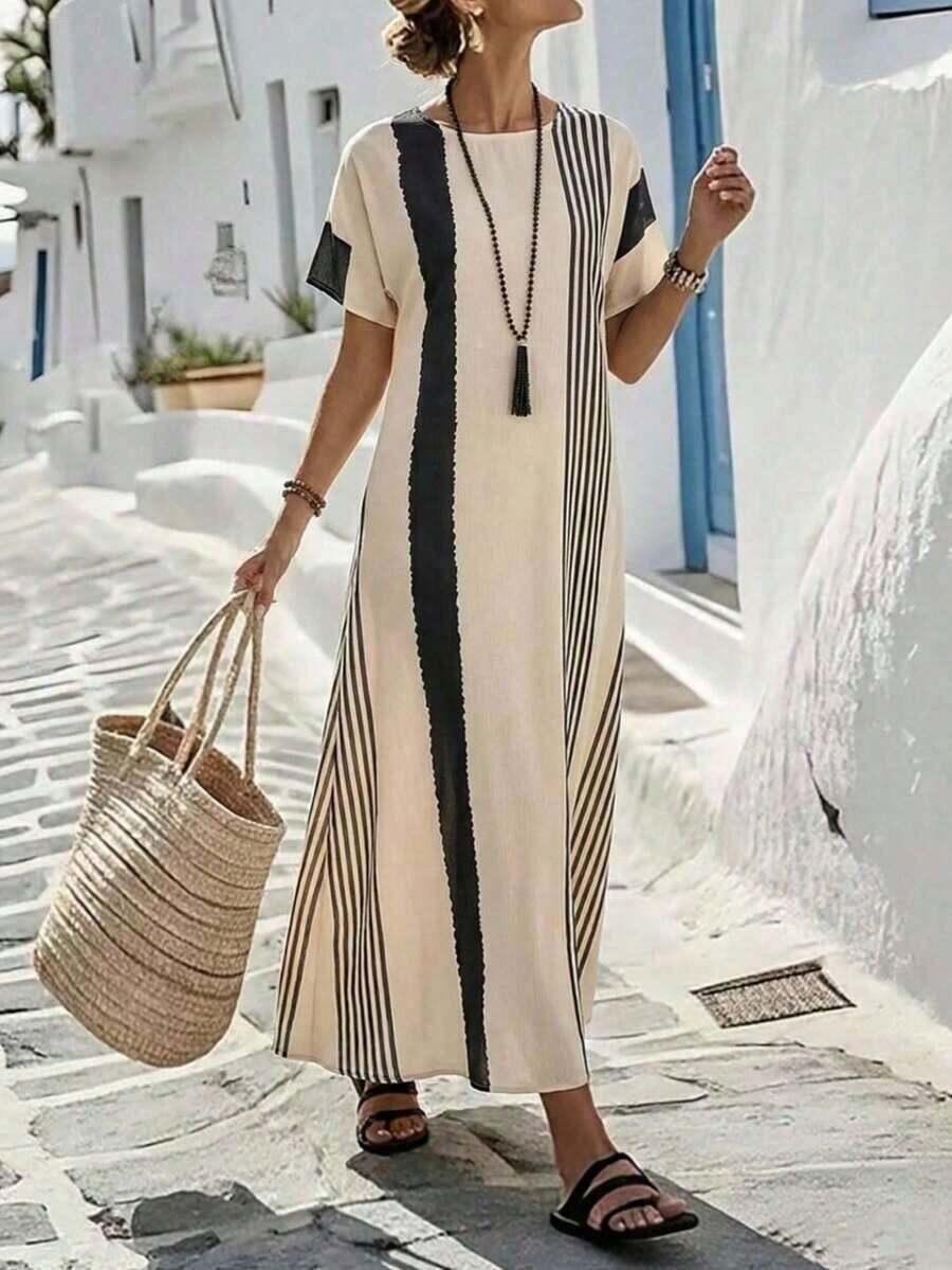 Holidaya Vestido largo holgado de mujer con estampado floral de rayas, de lino texturizado, cómodo y casual para vacaciones, primavera/verano - Multicolor - Ver 1