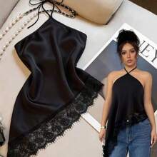 Soqi Women's Clothing  Nuevo top de verano para mujer, camiseta sin mangas negra, con cuello halter y lazo, bajo asimétrico con encaje, camiseta sin mangas sexy para mujer, top camiseta ajustado con decoración de encaje lujoso en la espalda descubierta, blusa sin mangas sexy, adecuado para fiestas, cócteles, ocasiones formales y casual de negocios, conjunto de playa para mujer - Negro - Ver 1