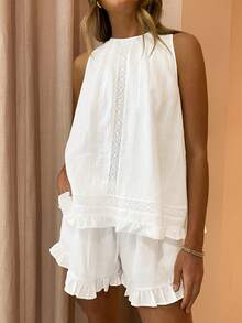 Conjunto de top sin mangas con encaje sólido y pantalones cortos con volantes, cintura elástica ajustable y cordón - Blanco - Ver 4