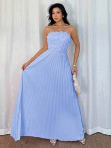 Vestido de mujer con estampado floral de patchwork y bajo plisado, elegante y encantador para el verano - Azul - Ver 3