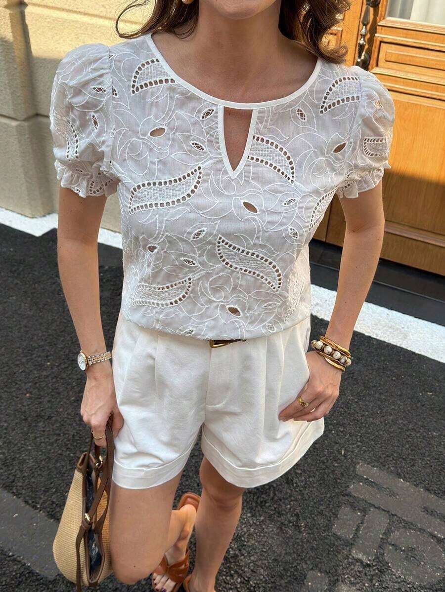 Blusa verde con cuello de ojo de cerradura y manga abullonada, blusas de manga corta - Blanco - Ver 1