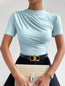Body de camiseta ajustado unicolor fruncido - Azul - Ver 4